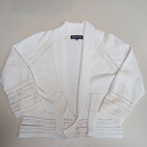 Jones New York Cream Open-Front Crochet Trim Cardigan